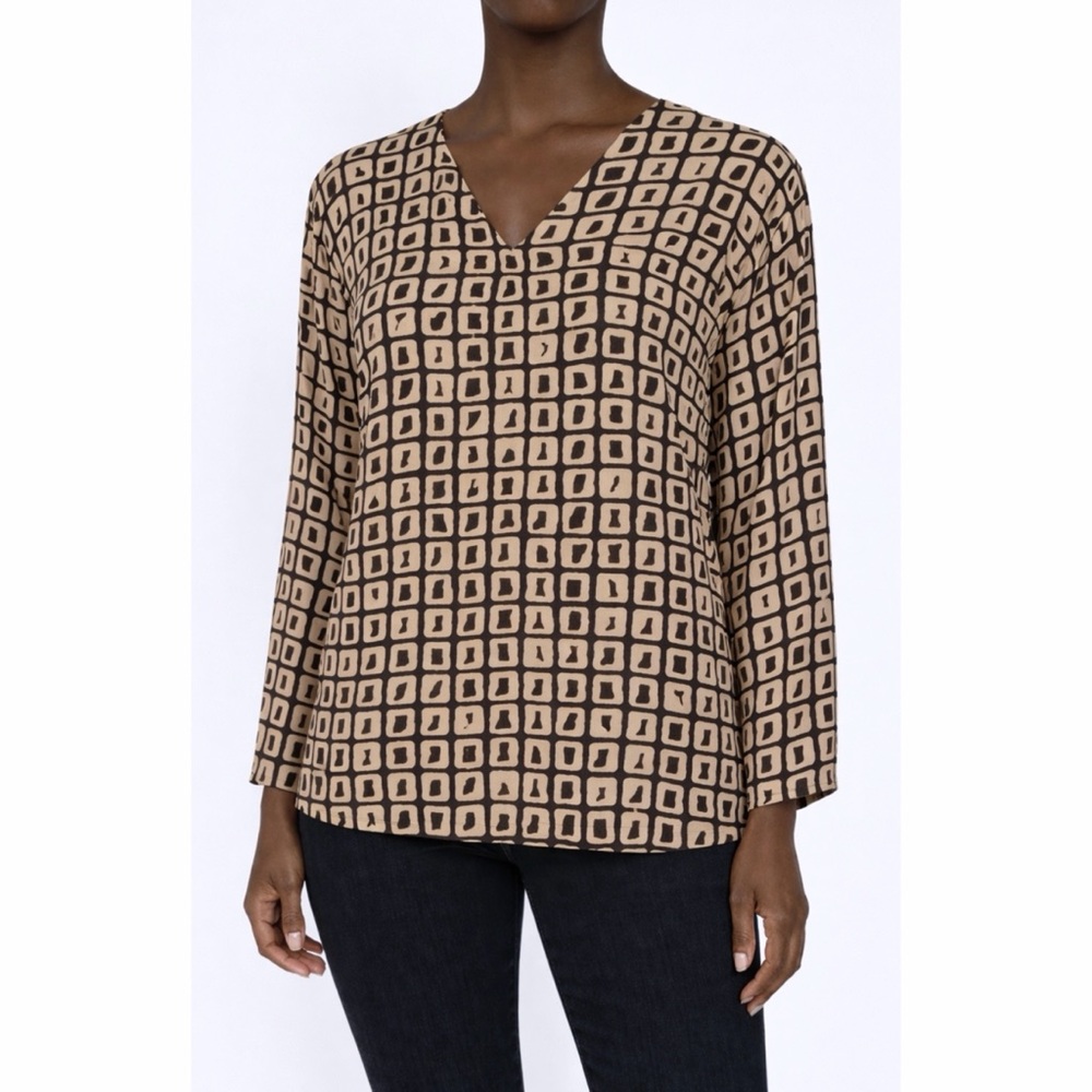 Brown/Tan Handmade Geometric Print Long Sleeve Blouse Top, L